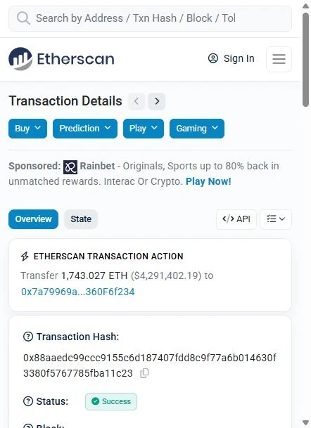 Etherscan header view of the 1,743.027 ETH transaction on 24 March 2026, showing its block, timestamp and value.