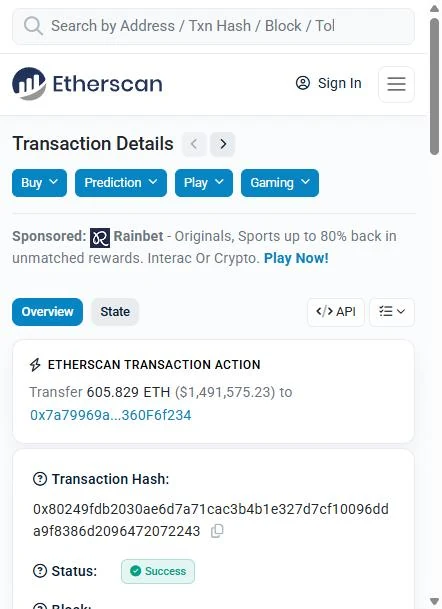 Etherscan header view of the 605.829 ETH transaction on 22 March 2026, showing its block, timestamp and value.