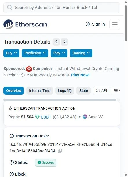 Etherscan screenshot of a USDT repayment to Aave from the funding wallet on 15 June 2026.