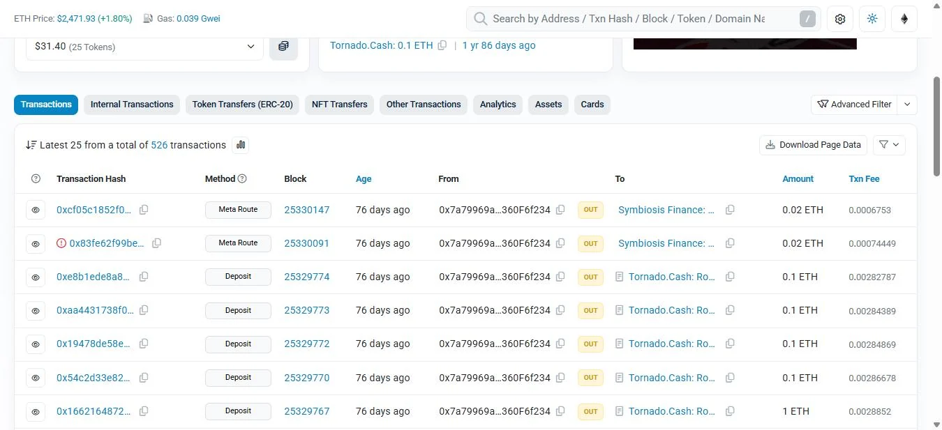 Etherscan screenshot of the wallet's final transactions in June 2026: a run of deposits to the Tornado Router in 100, 10, 1 and 0.1 ETH denominations, followed by two Symbiosis bridge calls of 0.02 ETH.