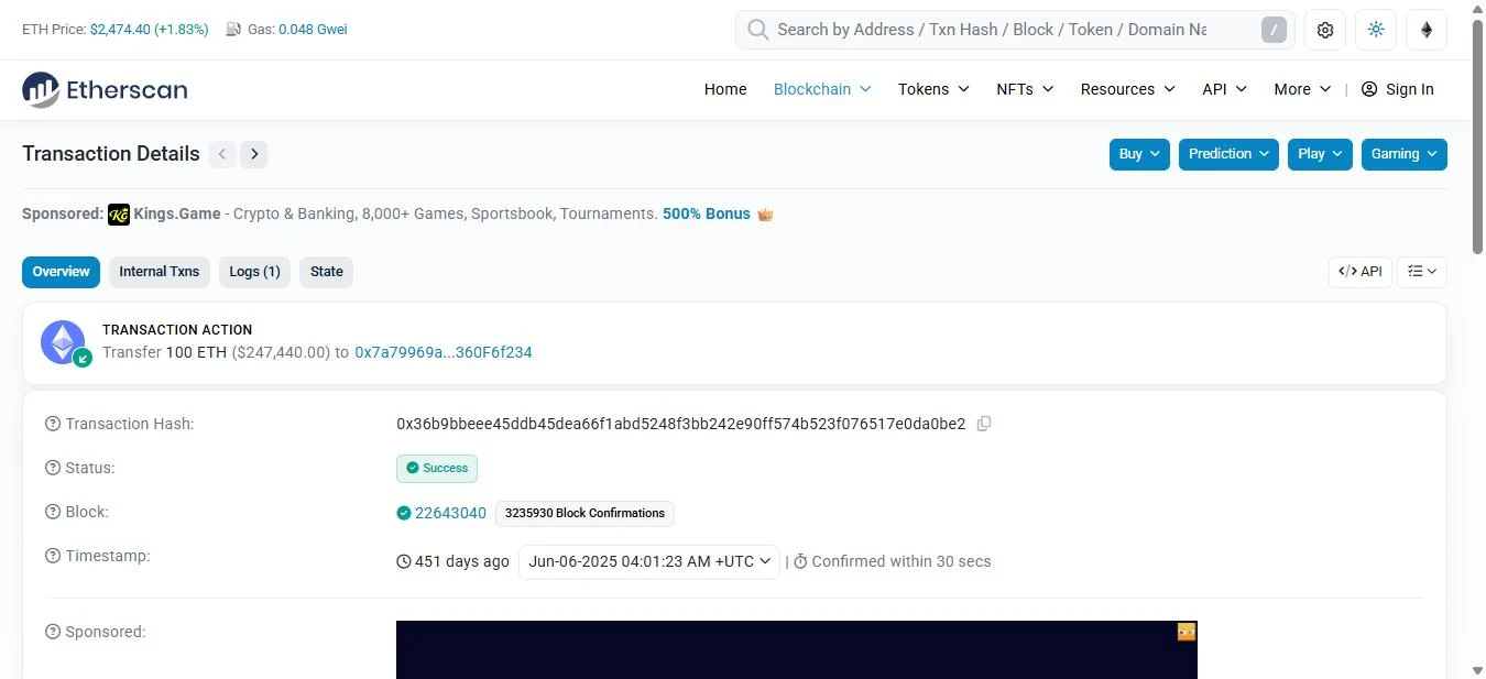 Etherscan header view of the first 100 ETH withdrawal at block 22,643,040, 6 June 2025 04:01:23 UTC, sent by the wallet itself to the Tornado Router.
