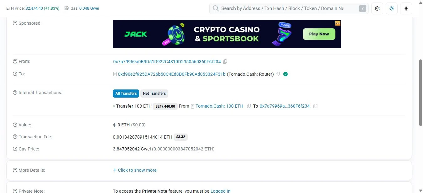 Etherscan screenshot of the first 100 ETH withdrawal: sent by the wallet itself to the Tornado Router with no relayer, 100 ETH arriving from Tornado.Cash 100 ETH, at a gas price of 3.847 gwei, block 22,643,040 on 6 June 2025 04:01:23 UTC.