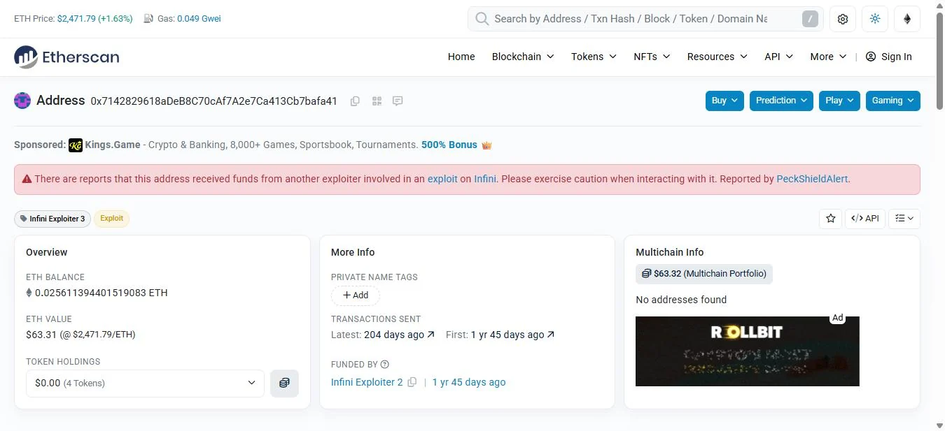 Etherscan overview page for address 0x7142 carrying the public name tag Infini Exploiter 3, with a warning citing PeckShield, showing 204 notes deposited in July 2025 and February 2026.
