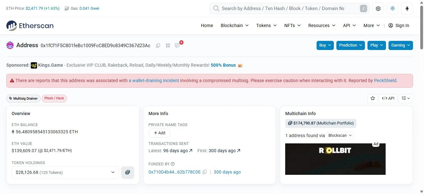 Etherscan overview page for address 0x1fCf carrying the public name tag Multisig Drainer, showing 79 notes deposited into Tornado between December 2025 and May 2026.