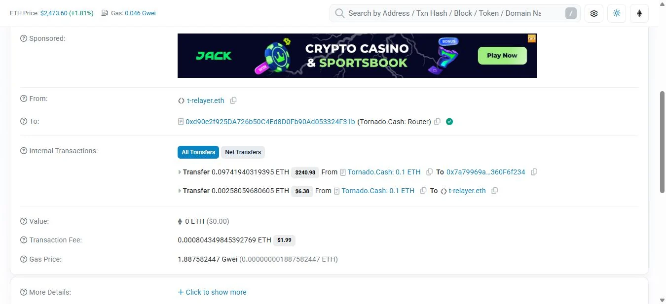 Etherscan screenshot of transaction 0xb186d5d8: 0.0974 ETH flows from the Tornado.Cash 0.1 ETH pool to wallet 0x7a79969a, with 0.0026 ETH going to the relayer as a fee, dated 6 June 2025 03:16:35 UTC.