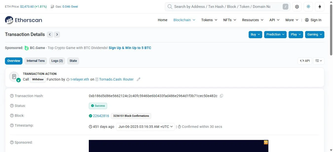 Etherscan header view of transaction 0xb186d5d8, a Tornado Router withdraw call sent by a relayer at 03:16:35 UTC on 6 June 2025.