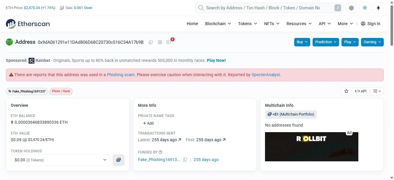 Etherscan overview page for address 0x9dA0 carrying the public name tag Fake_Phishing1691337, with a warning citing SpecterAnalyst, one of two addresses that deposited 82 notes each on 19 December 2025.