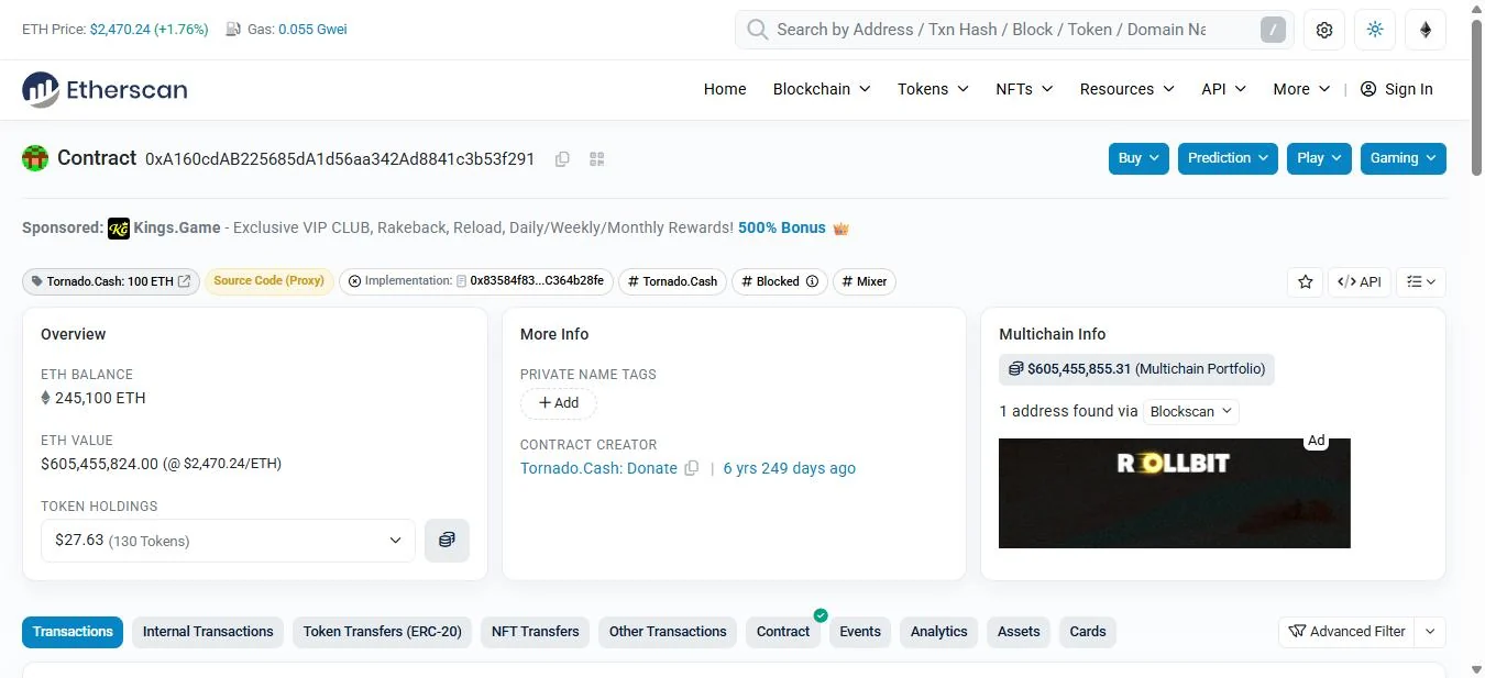 Etherscan page for the Tornado.Cash 100 ETH pool contract showing a balance of 245,100 ETH at the time of capture, which is 2,451 unspent notes.