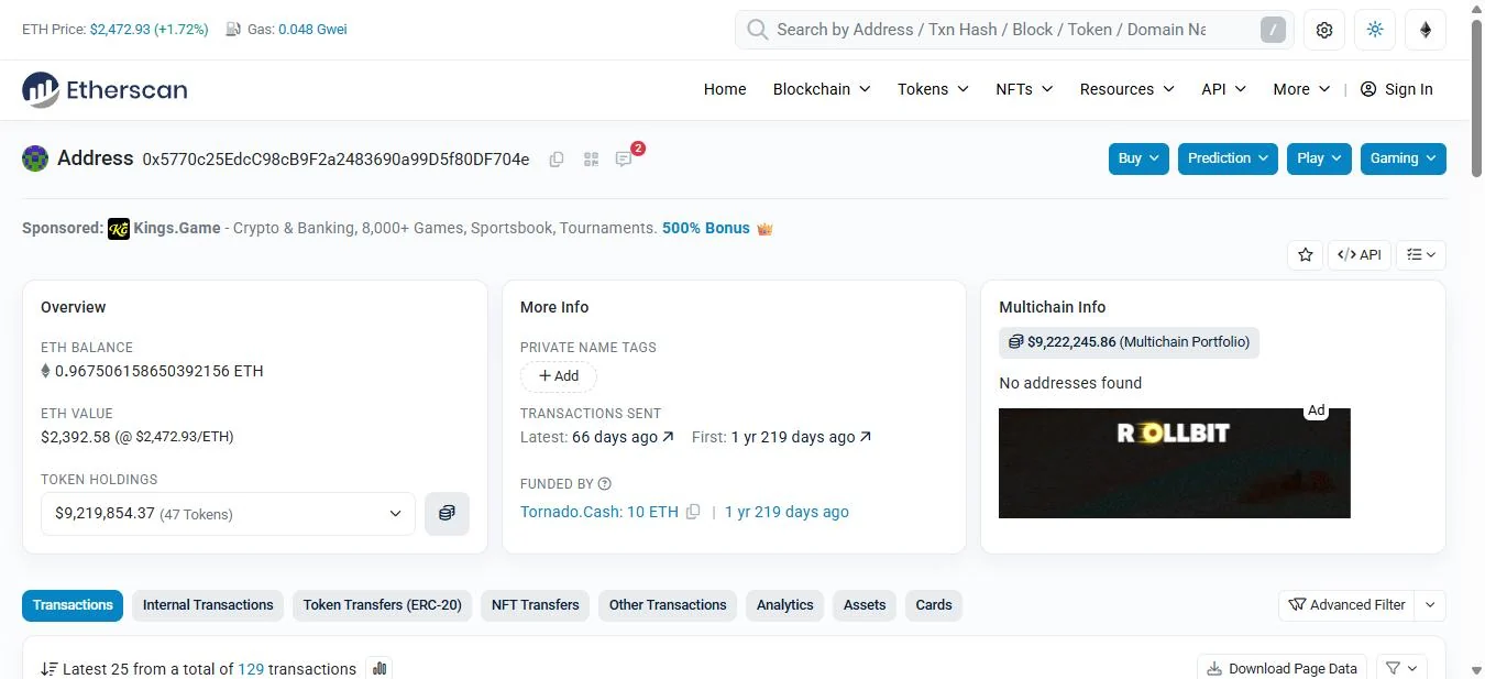 Etherscan overview of wallet 0x5770c25e showing it was funded by Tornado.Cash 10 ETH one year and 219 days before capture, and holds approximately 9.2 million dollars of token holdings, largely Aave positions.