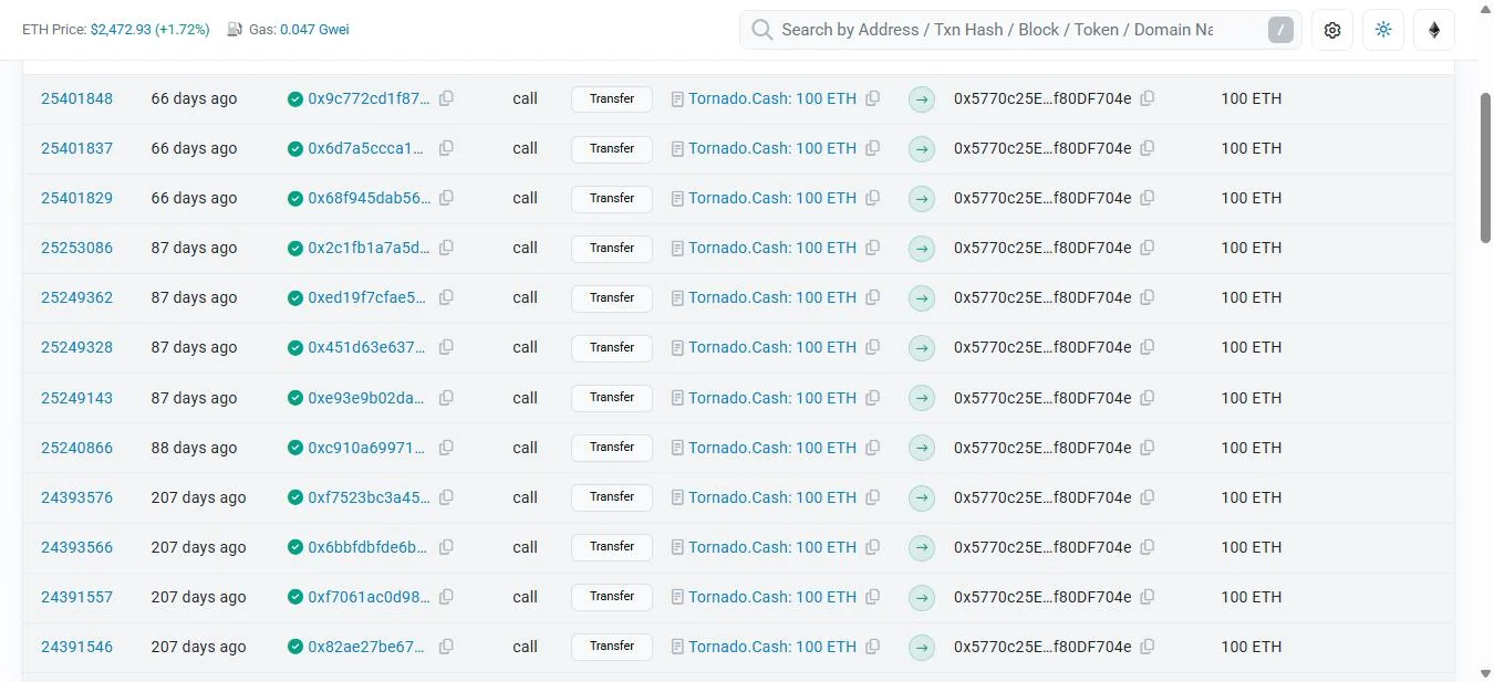 Etherscan screenshot of the second cash-out wallet's internal transfers, showing repeated 100 ETH arrivals from the Tornado.Cash 100 ETH pool.