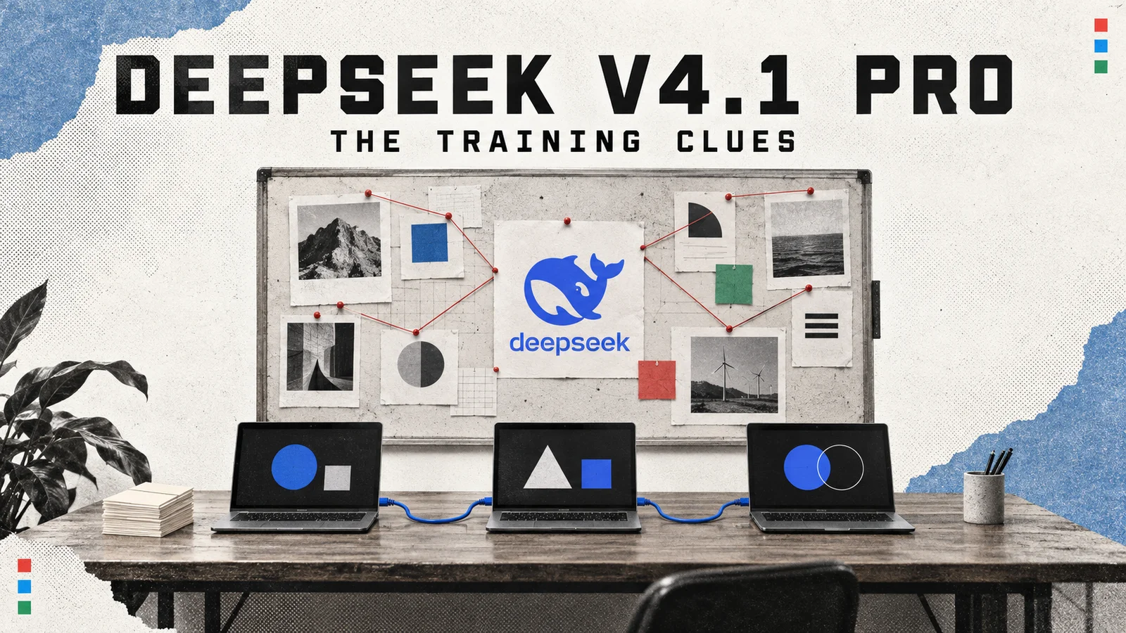 DeepSeek V4.1 Pro editorial cover showing a project coordinator connected to three workstations, with the DeepSeek whale logo.