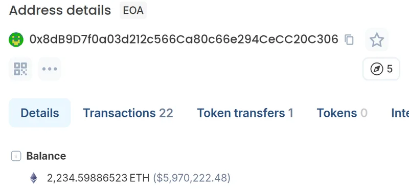 Blockscout page for the wallet 0x8dB9D7f0a03d212c566Ca80c66e294CeCC20C306 showing a balance of 2,234.60 ETH on 24 September 2026.