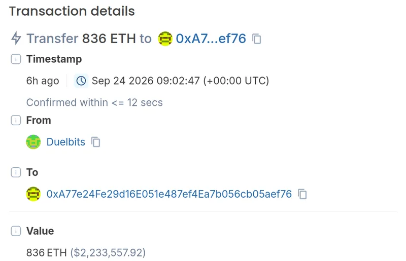 Blockscout transaction page showing a successful transfer of 836 ETH, valued at $2,233,557.92, from the address tagged Duelbits to 0xA77e24Fe29d16E051e487ef4Ea7b056cb05aef76 at 09:02:47 UTC on 24 September 2026.