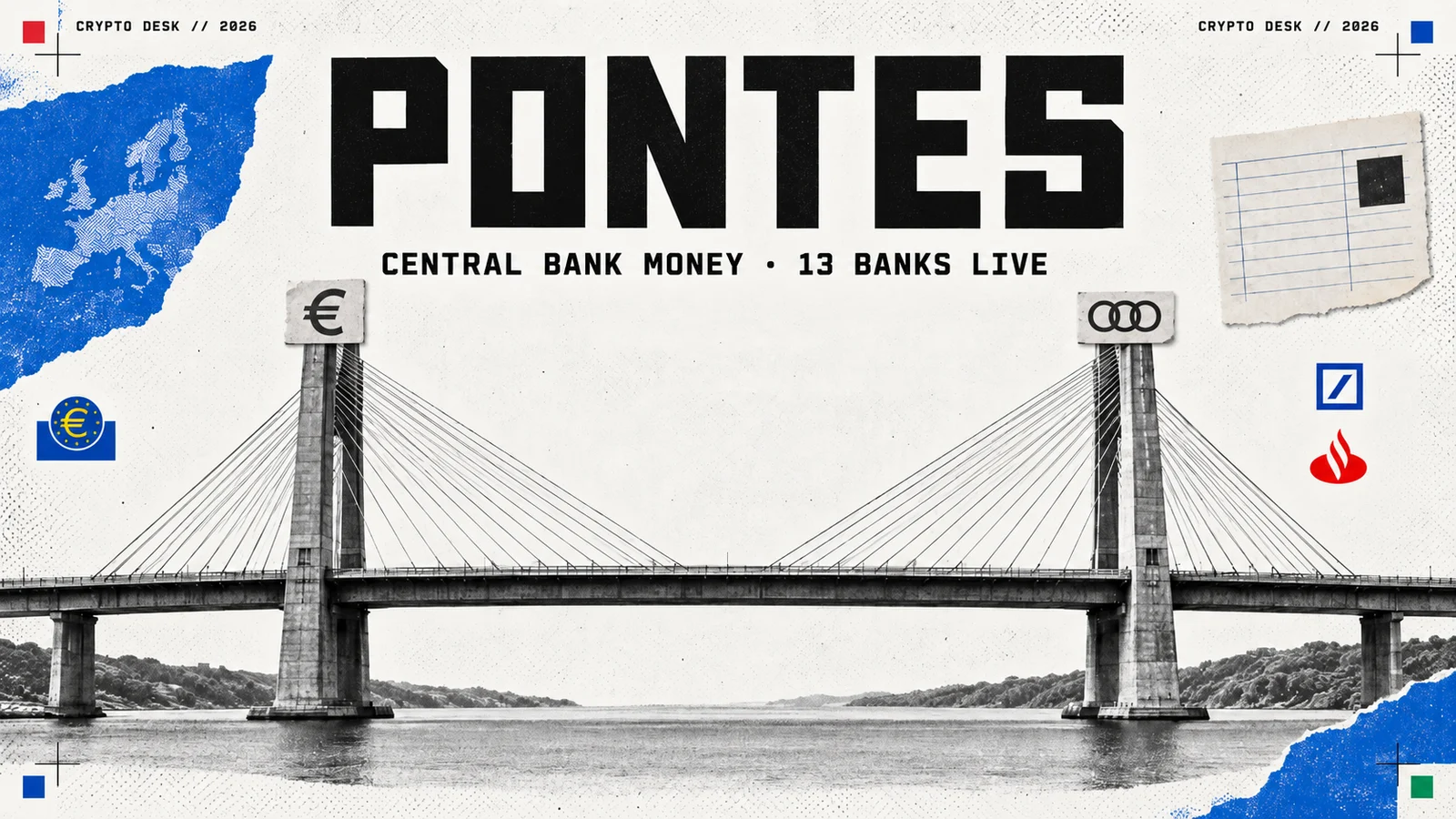 Editorial illustration of the European Central Bank's Pontes settlement bridge linking blockchain platforms to the TARGET payment system.