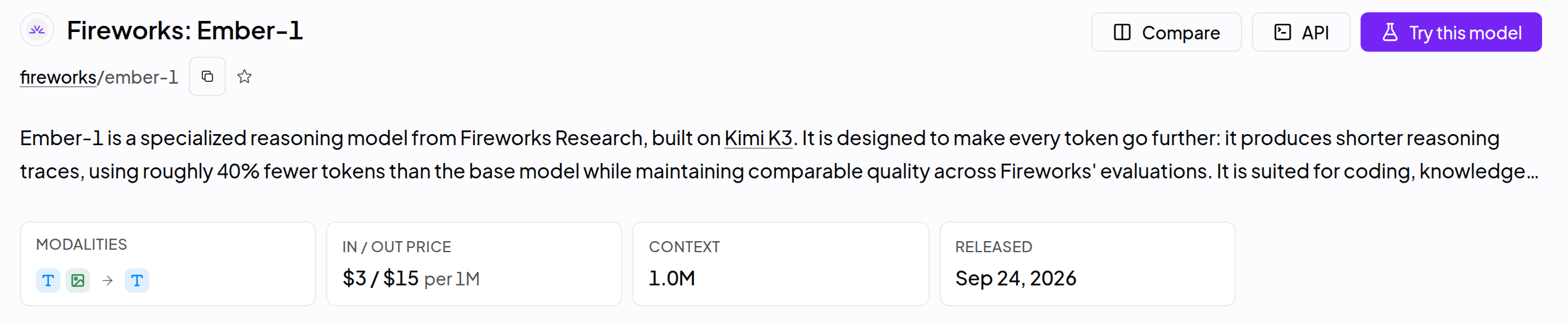 OpenRouter's model page for Fireworks Ember-1, showing the identifier fireworks slash ember-1, a description calling it a specialised reasoning model from Fireworks Research built on Kimi K3 that uses roughly 40% fewer tokens than the base model, text and image in and text out, a price of $3 in and $15 out per million tokens, a 1M context and a release date of 24 September 2026