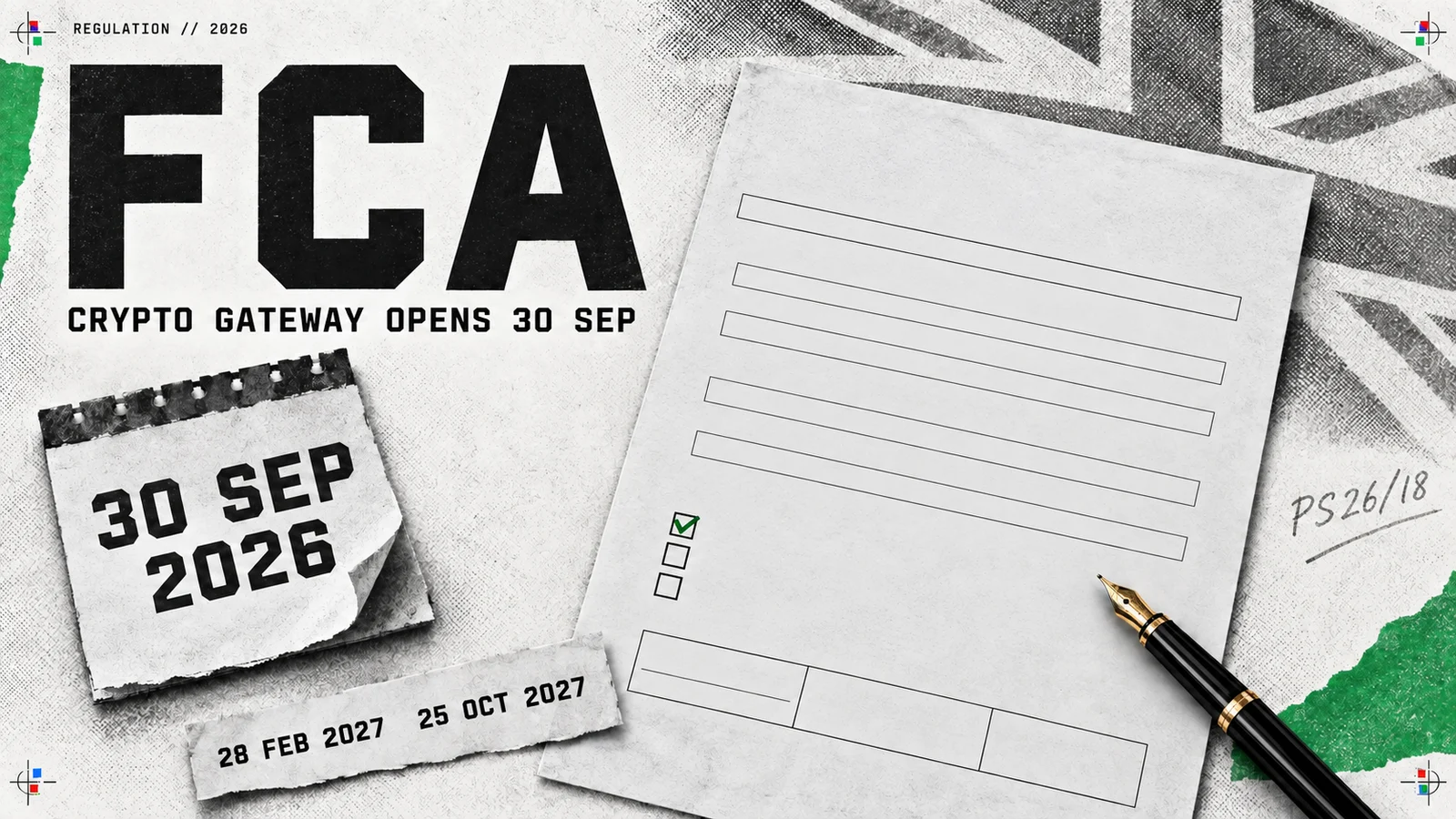 Editorial collage: the FCA's Endeavour Square building in high-contrast black and white beside a printed application form and a calendar page marked 30 September.