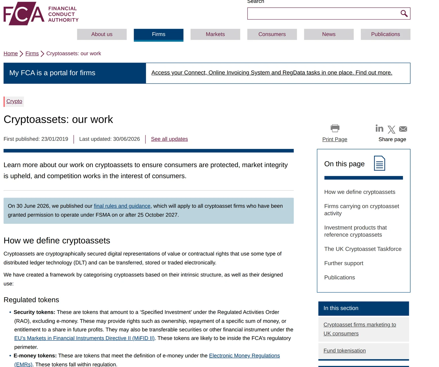 The FCA's Cryptoassets: our work page, carrying the regulator's logo, a notice that final rules published on 30 June 2026 apply to firms granted permission under FSMA on or after 25 October 2027, and its definitions of cryptoassets and of regulated security and e-money tokens.