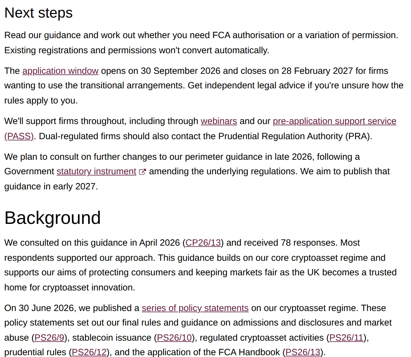 The Next steps and Background sections of FCA PS26/18, stating that existing registrations and permissions will not convert automatically, giving the application window dates, naming the pre-application support service and the PRA, and recording that CP26/13 drew 78 responses.