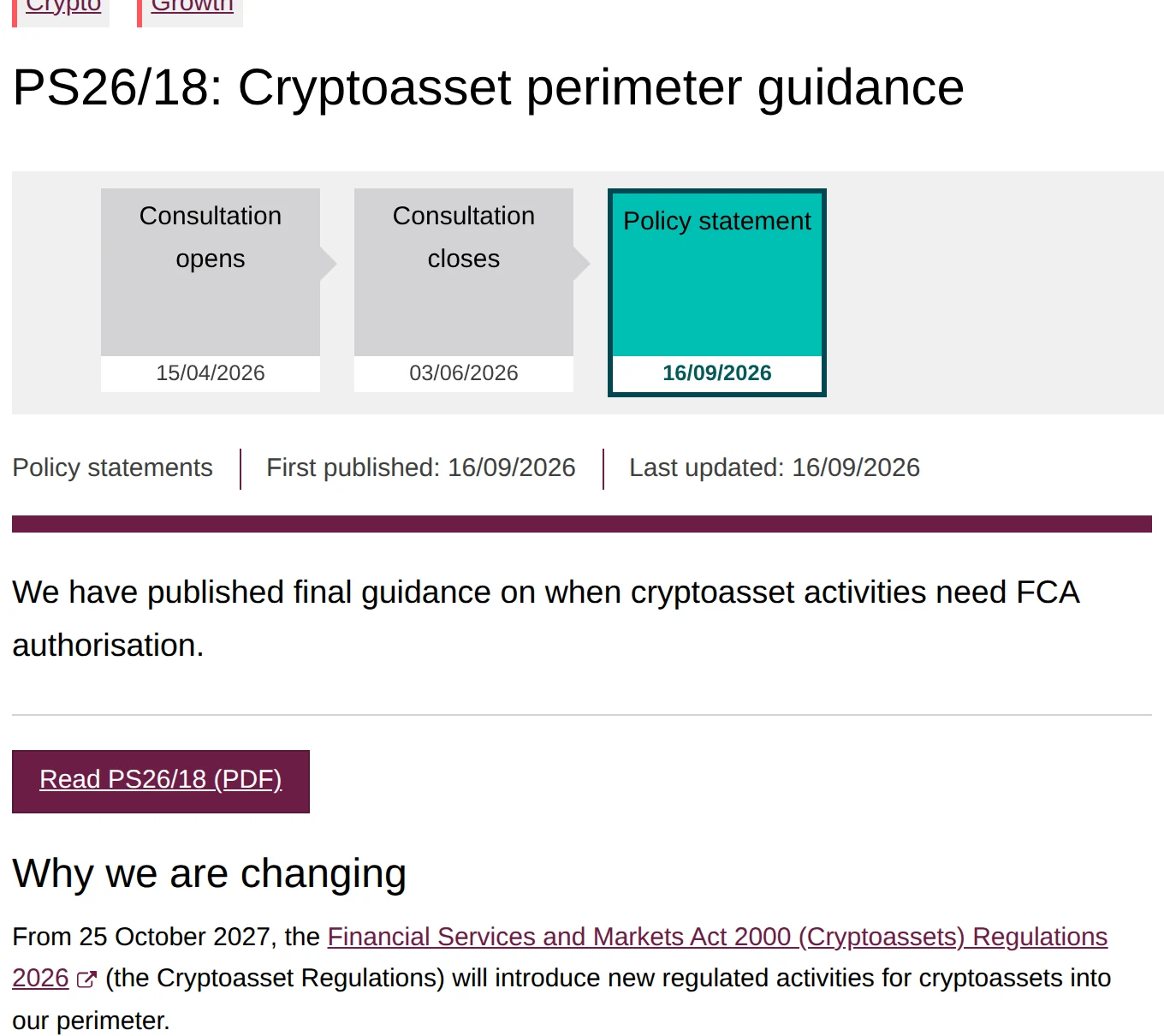 FCA page for PS26/18 Cryptoasset perimeter guidance, showing a three-stage diagram of consultation opening 15 April 2026, closing 3 June 2026 and the policy statement dated 16 September 2026, with first published and last updated both 16 September 2026.