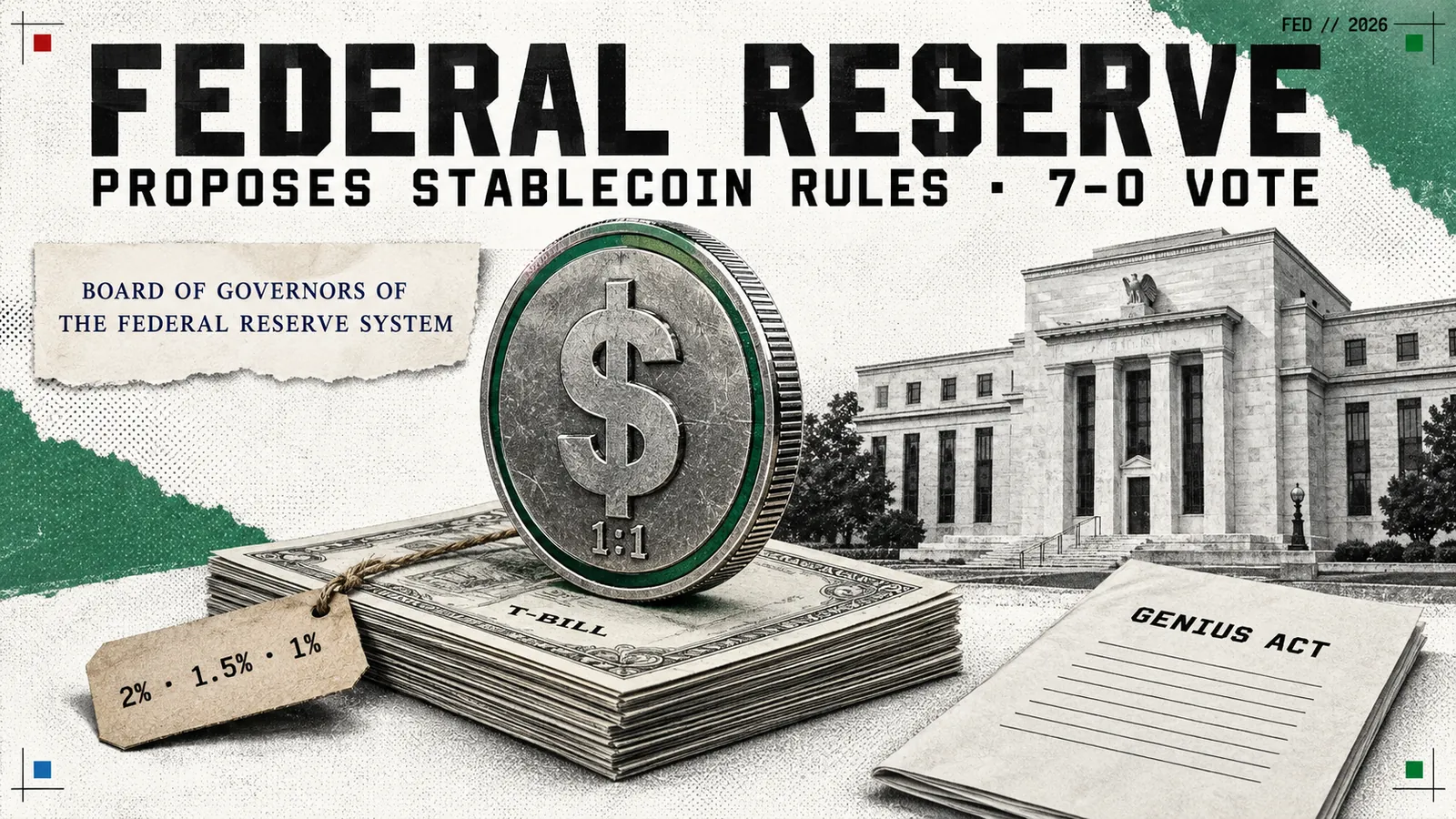 Editorial collage of a heavy dollar stablecoin token engraved 1:1 standing on a stack of US Treasury bills, with the Federal Reserve's Eccles Building behind it and a tag reading 2%, 1.5% and 1%, headed Federal Reserve: proposes stablecoin rules, 7-0 vote