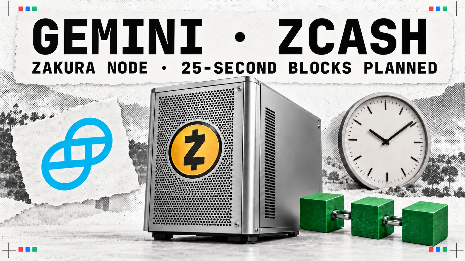 Editorial collage of a Zcash node server, the Gemini logo and a clock representing the planned 25-second block target