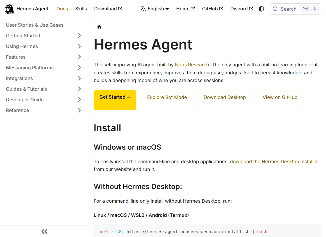 The official Hermes Agent documentation landing page.