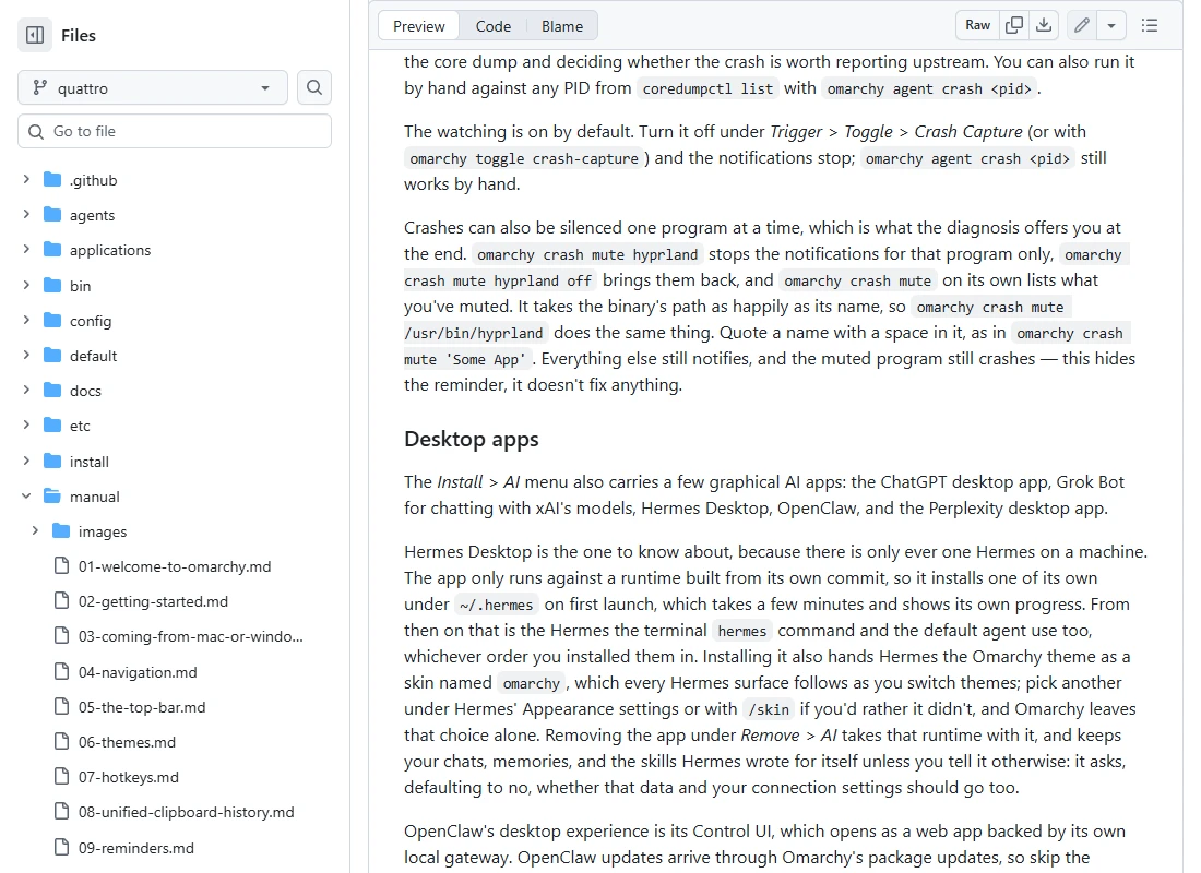 Omarchy's AI manual describing Hermes Desktop installation and shared runtime behaviour.
