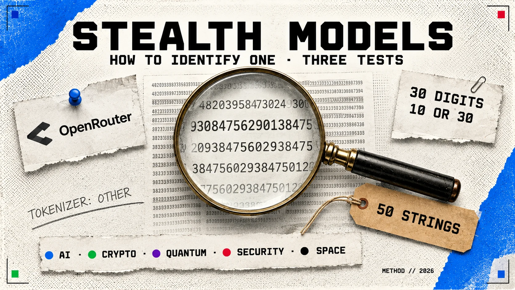 Editorial hero: a large brass-rimmed magnifying glass lying on printed columns of digits, the digits under the lens enlarged and sharp, headed STEALTH MODELS with the subtitle HOW TO IDENTIFY ONE · THREE TESTS, surrounded by a pinned OpenRouter chip, a torn spec sheet reading 30 DIGITS and 10 OR 30, a buff luggage tag reading 50 STRINGS and a pencilled note reading TOKENIZER: OTHER