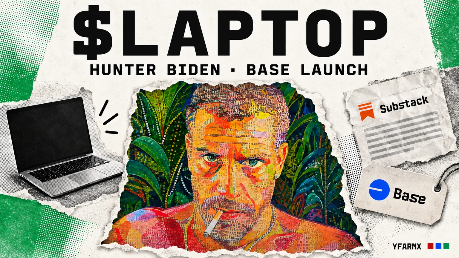 Editorial collage combining the project's colourful Hunter Biden portrait with a laptop, Substack paper and Base tag.