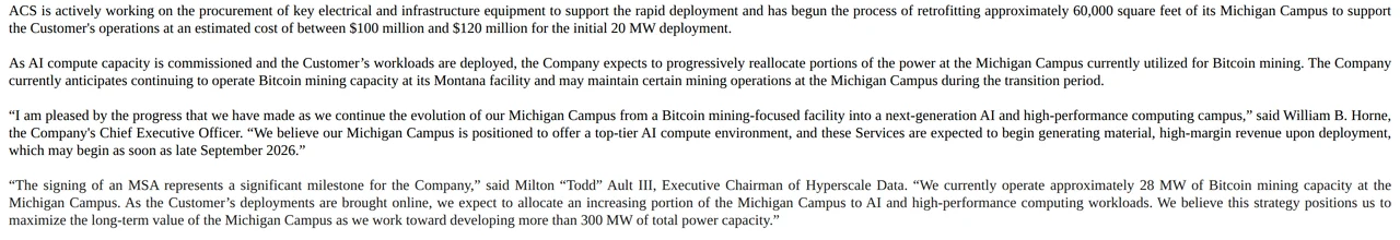 Hyperscale Data's 8-K exhibit of 24 June 2026, showing the $100m to $120m retrofit estimate for the initial 20MW deployment and executive chairman Milton Ault's statement that the company currently operates approximately 28MW of bitcoin mining capacity at the Michigan Campus.