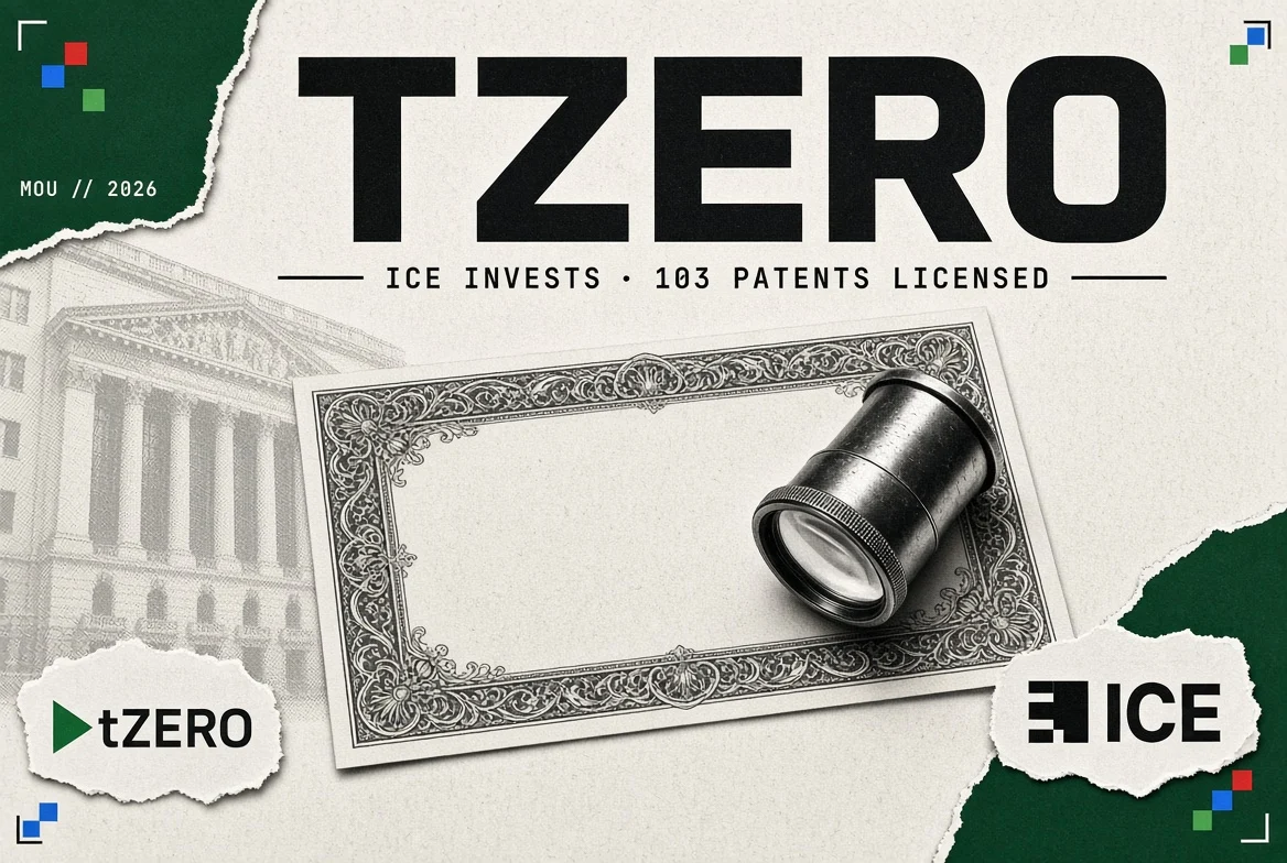 Editorial hero: the tZERO wordmark on a share certificate under a photographer's loupe, large and unobstructed on clear newsprint, headed TZERO with the subtitle ICE INVESTS · 103 PATENTS LICENSED