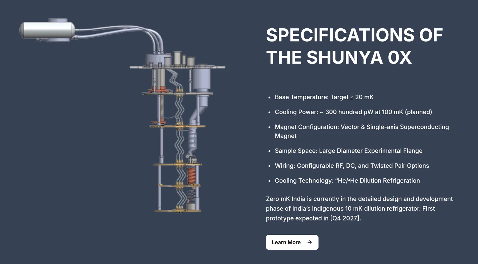 Zero mK India home page showing a technical drawing of the Shunya 0X dilution unit, five grey plates stacked below a top flange and joined by rods, wiring and heat exchangers, with a cylindrical tank piped in at the top, beside a list of specifications and a note that the first prototype is expected in the fourth quarter of 2027