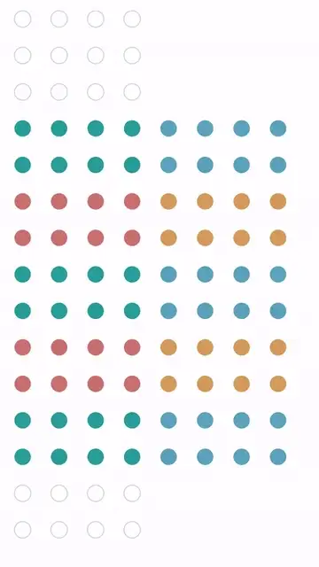Animation of an eight-column grid of coloured dots on white, each dot an atom. Rows of teal, red, blue and orange atoms slide out of the grid, shift sideways to sit beside other rows, and slide back, over and over, as the gate and motion sequence for the 30-logical-qubit circuit runs.
