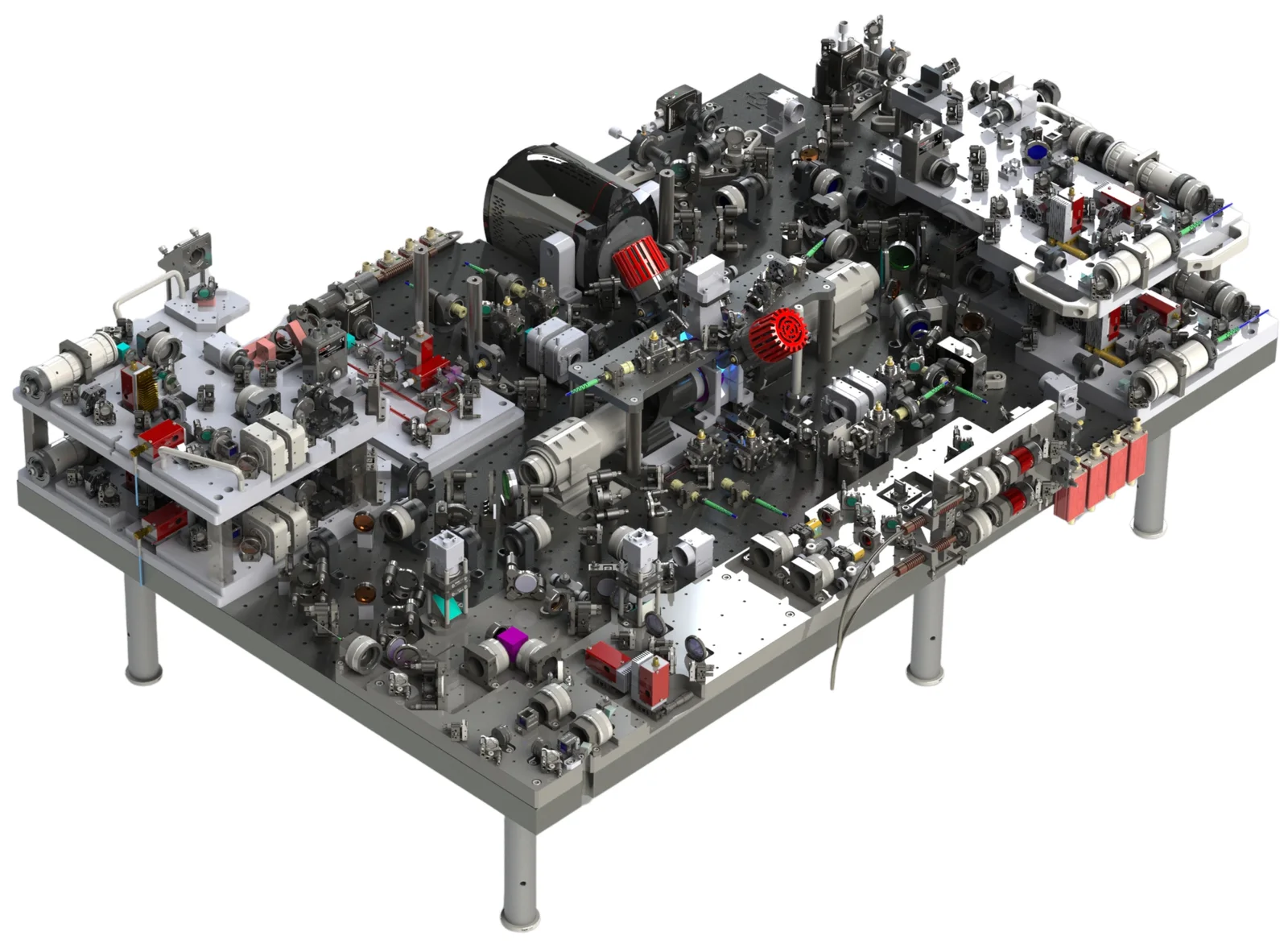 Rendering of Infleqtion's Sqale quantum computer: a large optical table on four legs, crowded with lasers, lenses, mirrors, cameras and red and white optical mounts arranged around a central vacuum chamber.