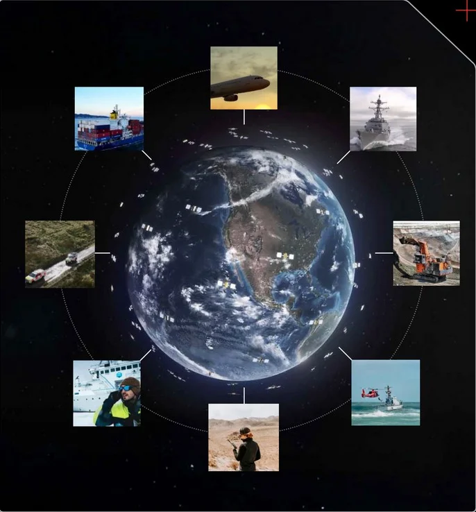 Artwork of the Earth ringed by small Iridium satellites, surrounded by eight photographs of the network's users: an airliner, a warship, a mining excavator, a rescue helicopter over a lifeboat, a field worker in a desert, a crew member on a ship's deck, off-road vehicles and a container ship.
