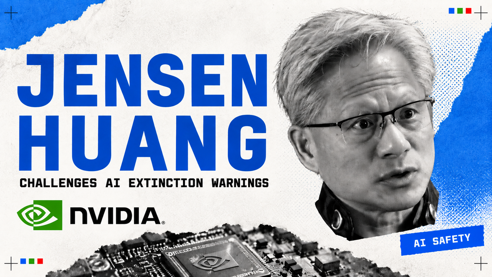 Blue and white editorial collage featuring Jensen Huang's head from his CBS interview, Nvidia branding and the headline Jensen Huang challenges AI extinction warnings