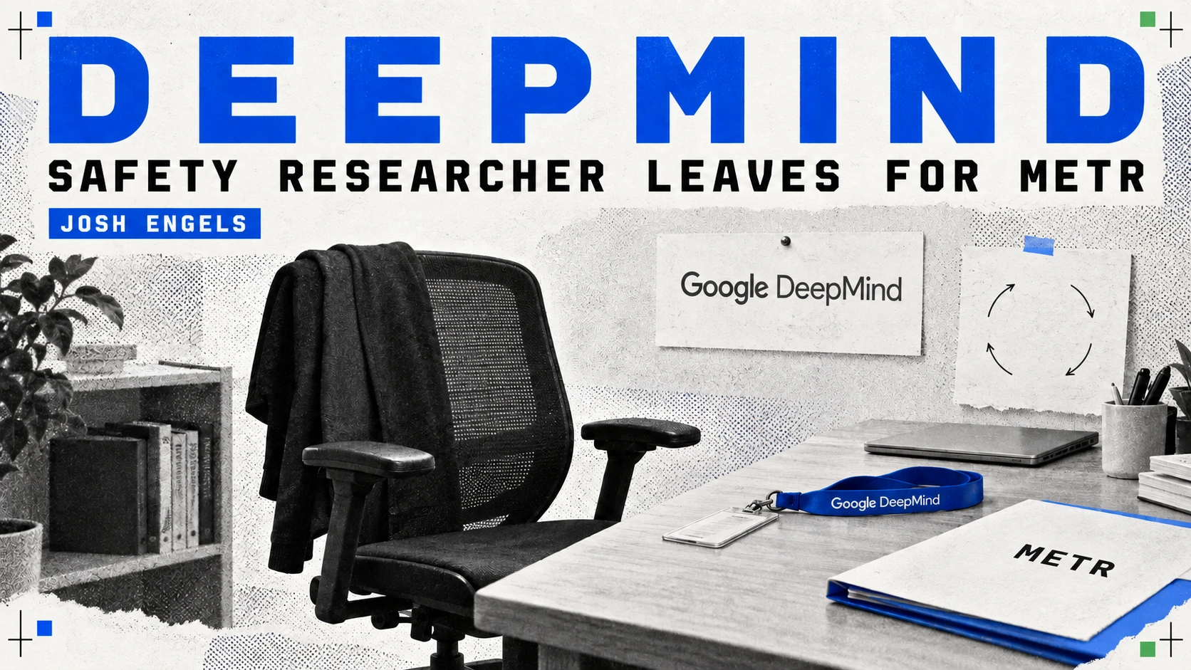 Editorial illustration of an empty research chair, a DeepMind staff lanyard and a METR folder.