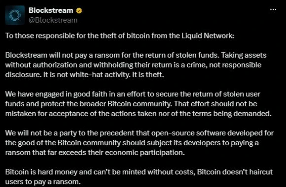 Excerpt of Blockstream’s original post refusing the ransom demand.