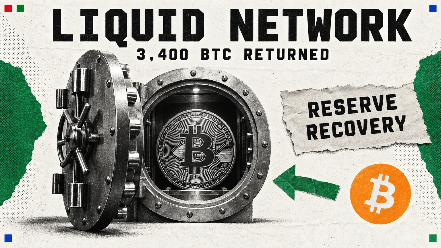 Editorial collage of an open steel vault and Bitcoin coin on off-white newsprint, with green accents and the headline Liquid Network, 3,400 BTC returned.