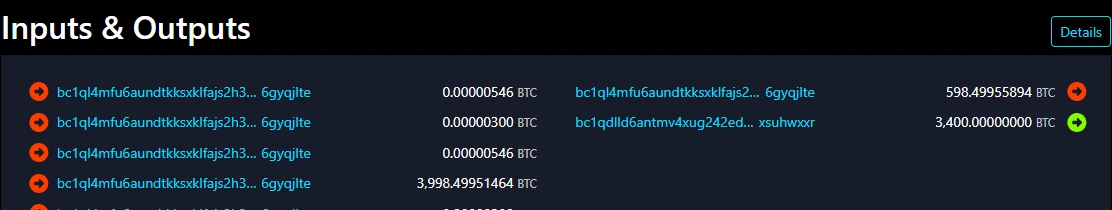 Bitcoin explorer showing the confirmed return transaction and its 3,400 BTC federation output.