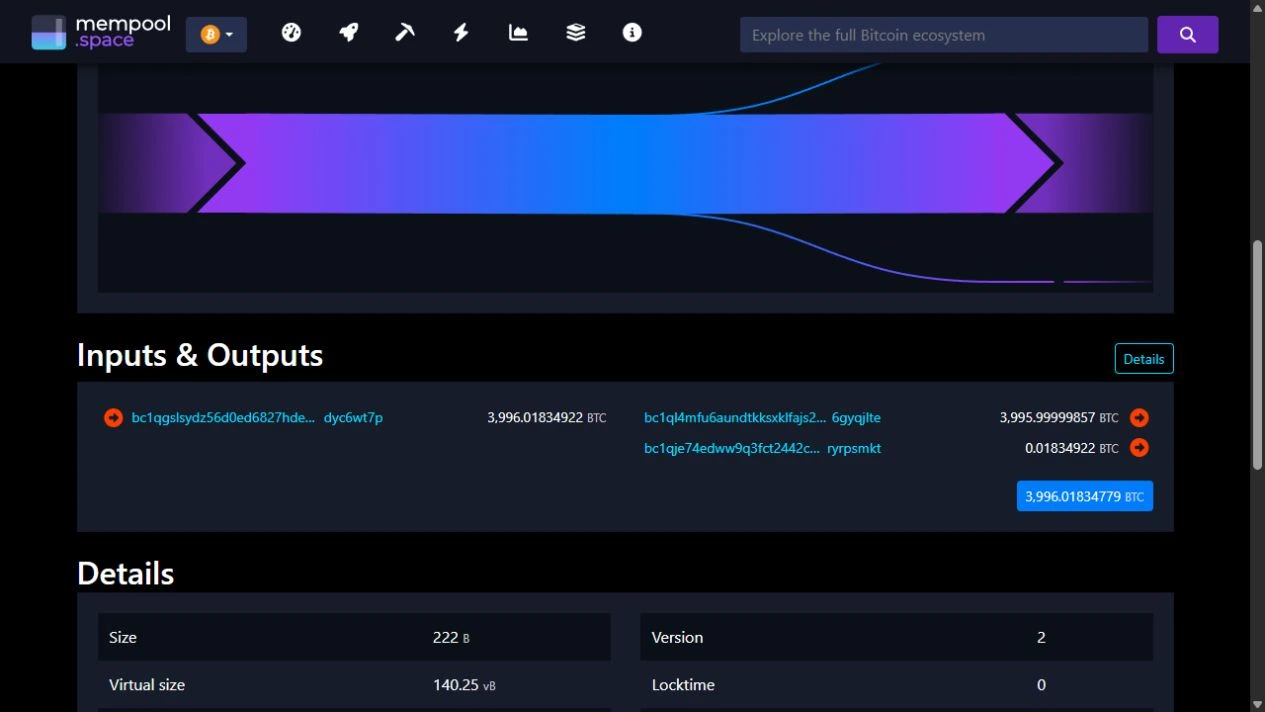The forwarding transaction showing the large payout and separate 0.01834922 BTC output.