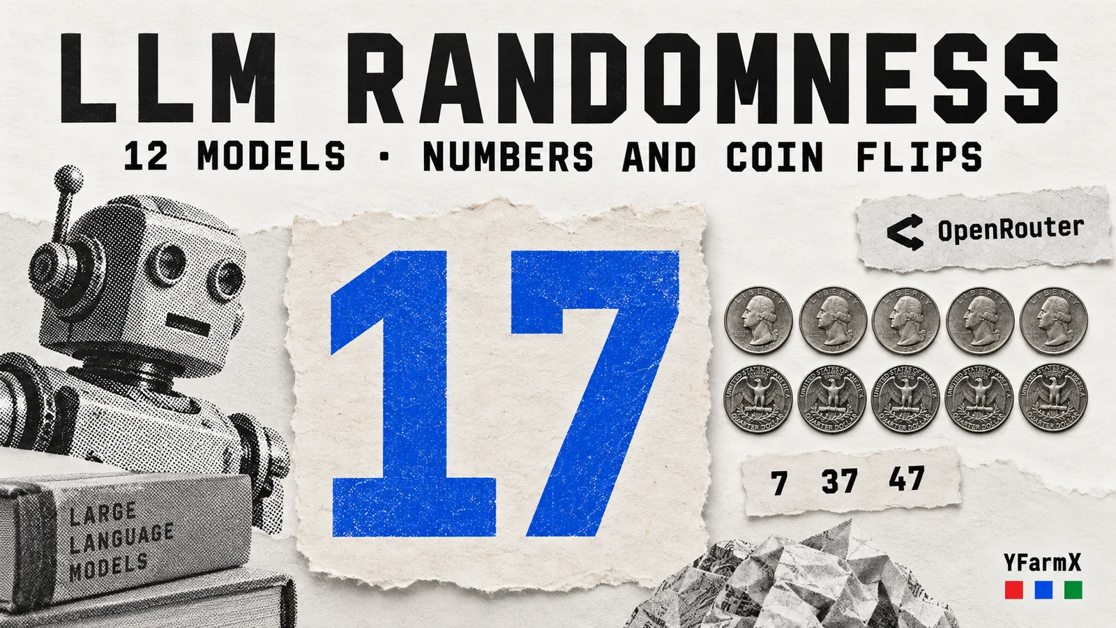 Editorial illustration of a large number 17, number cards and coins on newsprint, headed LLM randomness.