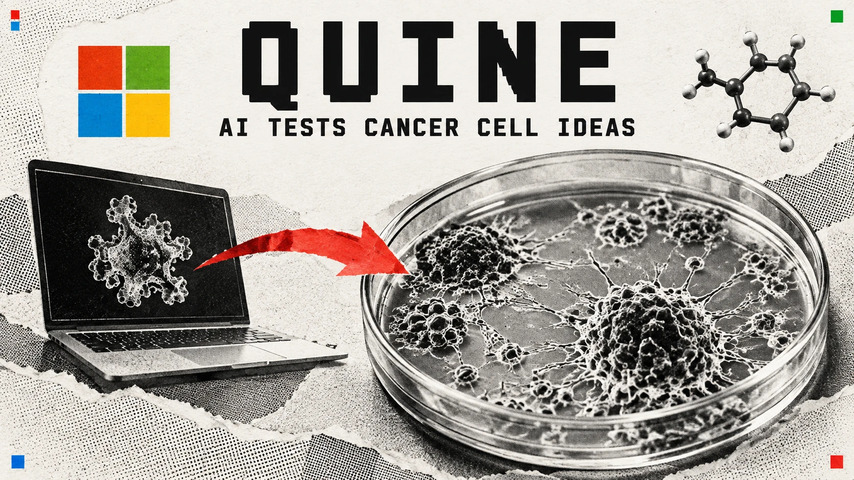 Editorial illustration of Microsoft's Quine beside a laboratory cell dish, with an arrow linking computer analysis to an experiment