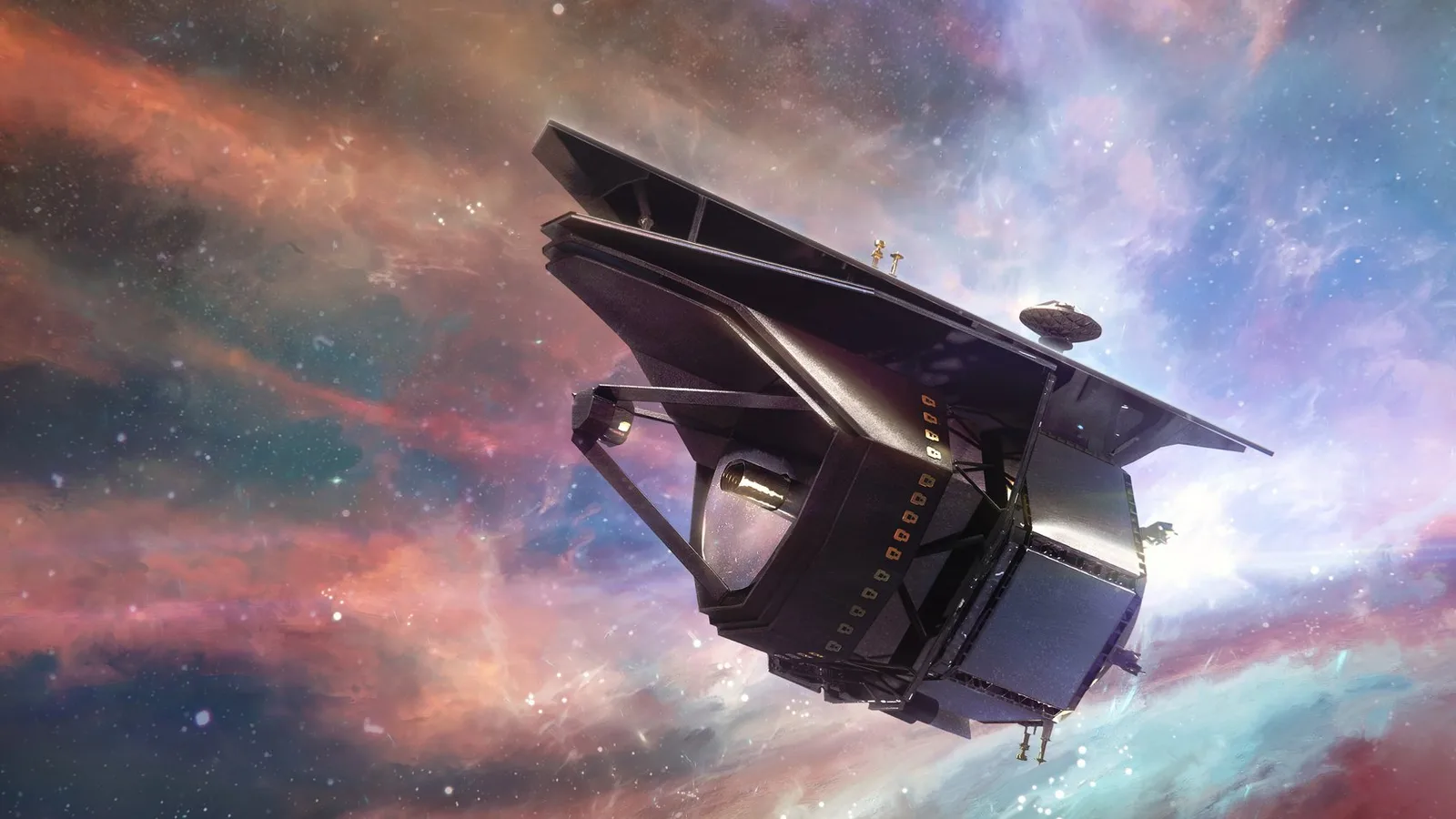 Artist's concept of the PRIMA space telescope: a dark angular spacecraft with a slanted sunshield on top, an open telescope barrel showing its mirror and secondary mirror support, and a small dish antenna, against red, violet and blue clouds of gas and dust.