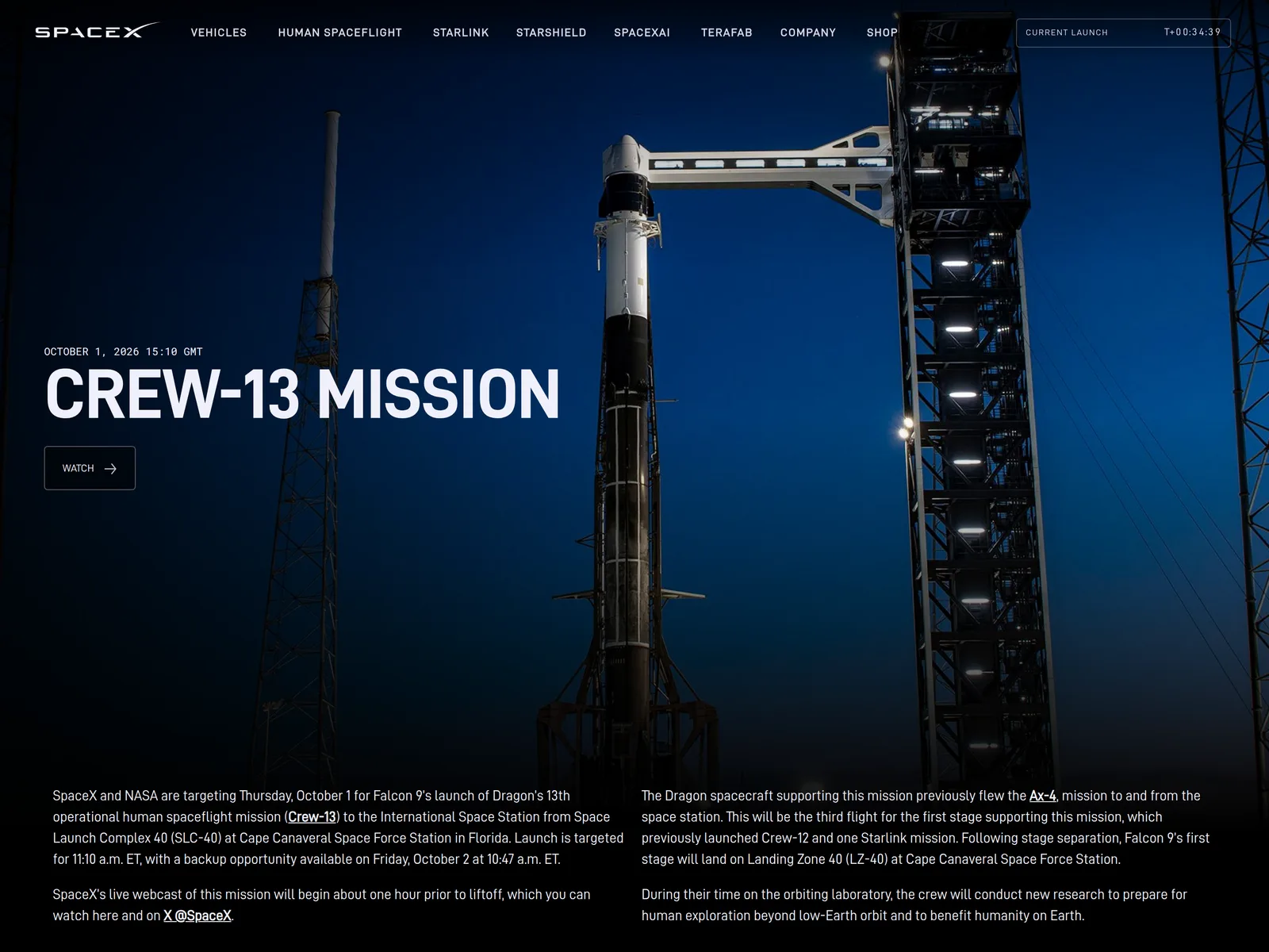 SpaceX's Crew-13 mission web page, headed Crew-13 Mission with the launch set for 15:10 GMT on 1 October 2026, over a night photograph of a Falcon 9 and Dragon beside the launch tower and crew access arm at Space Launch Complex 40, above text giving the 11:10 ET launch time, the 10:47 ET backup on 2 October, the Dragon's previous Ax-4 flight and the booster's third flight
