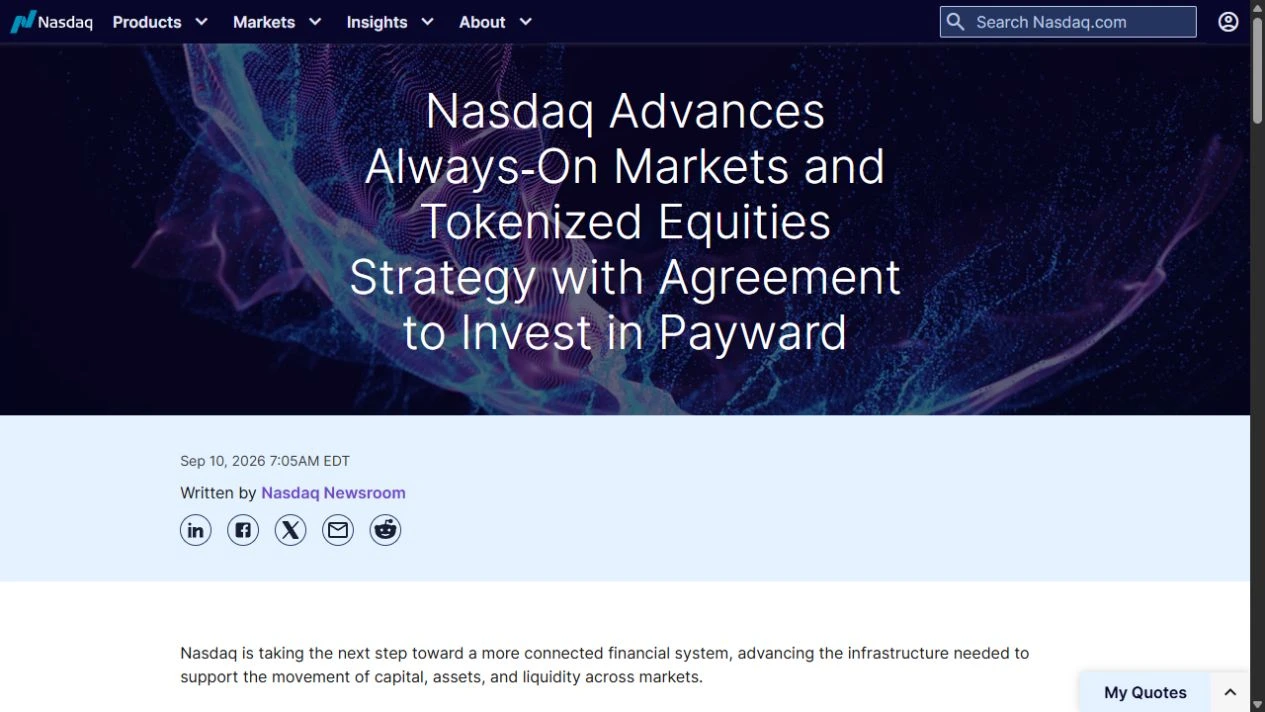 Nasdaq’s original 10 September announcement of its agreement to invest in Payward.