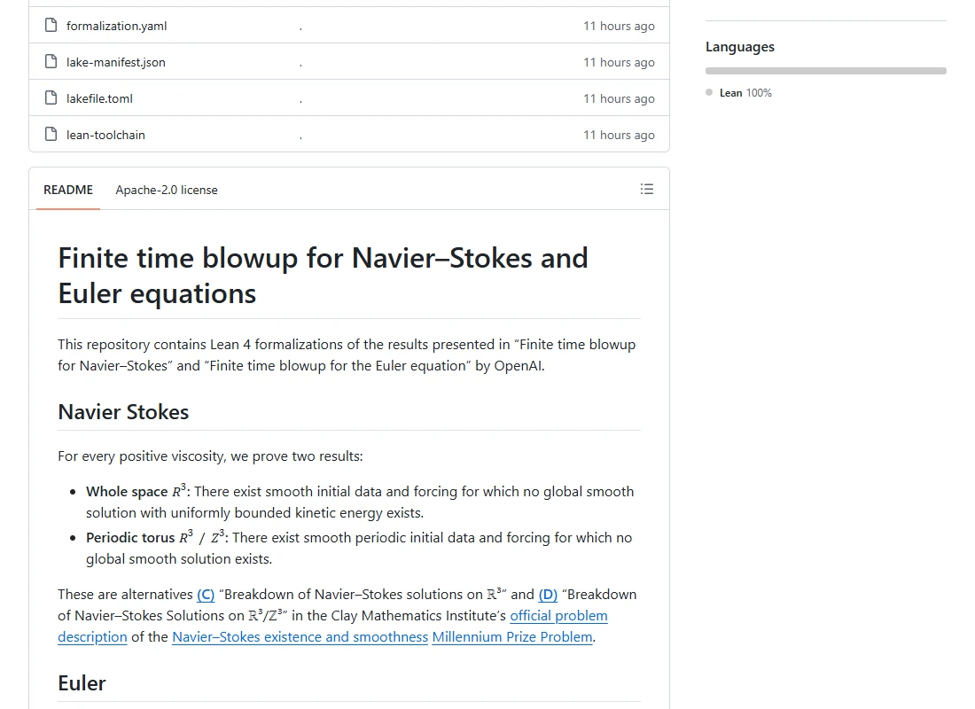 OpenAI's public repository describing its Navier-Stokes and Euler formalisation.