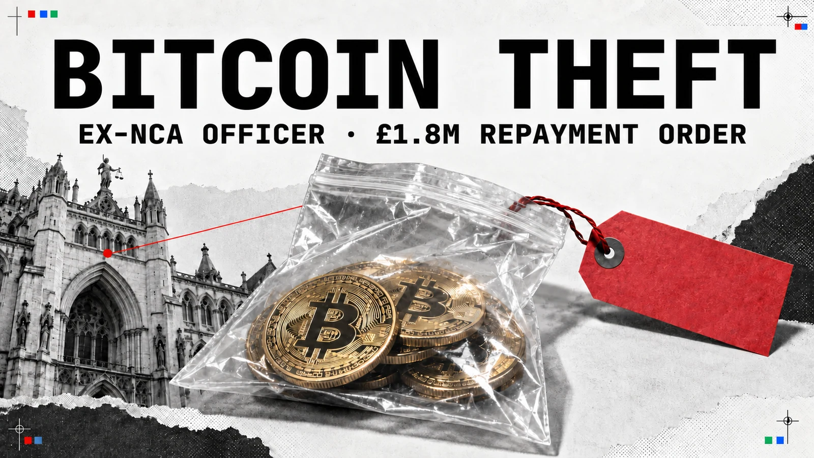 Editorial collage of Bitcoin in an evidence bag beside a courthouse, illustrating the £1.8 million confiscation order