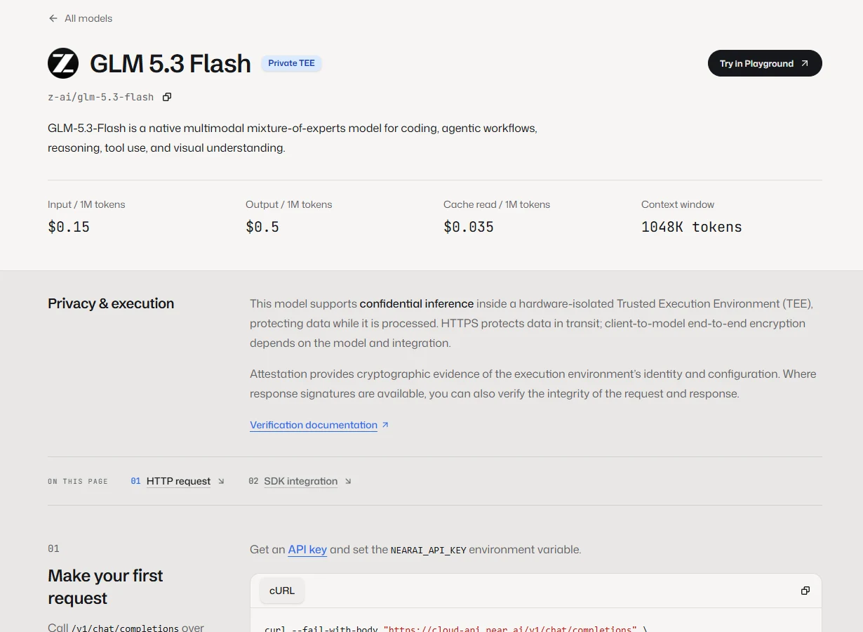 NEAR AI's GLM 5.3 Flash model page displays its direct API token prices, context window, confidential execution description and first-request section