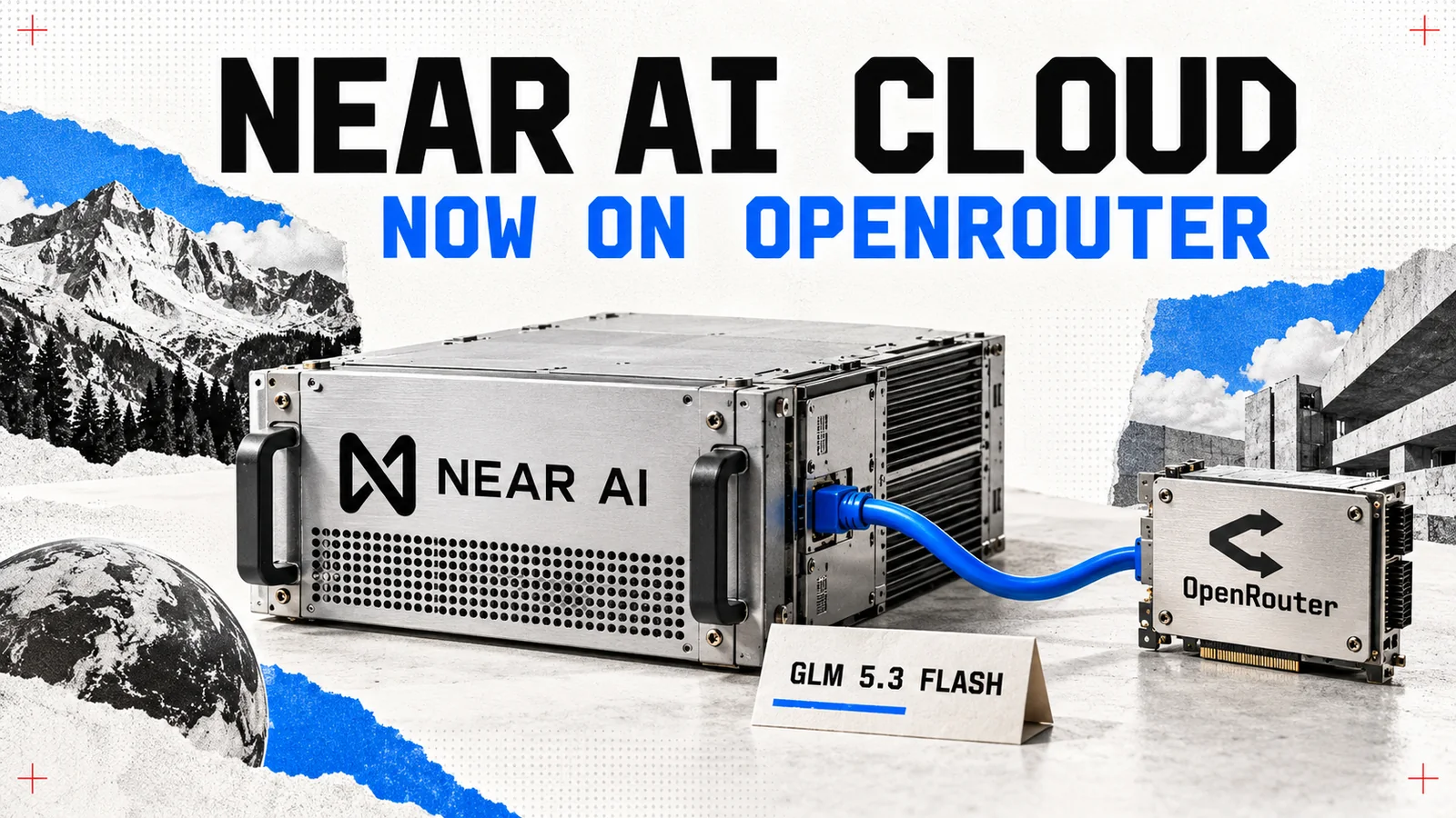 Editorial illustration of a NEAR AI inference server linked by a blue cable to OpenRouter, beneath the words NEAR AI CLOUD and NOW ON OPENROUTER